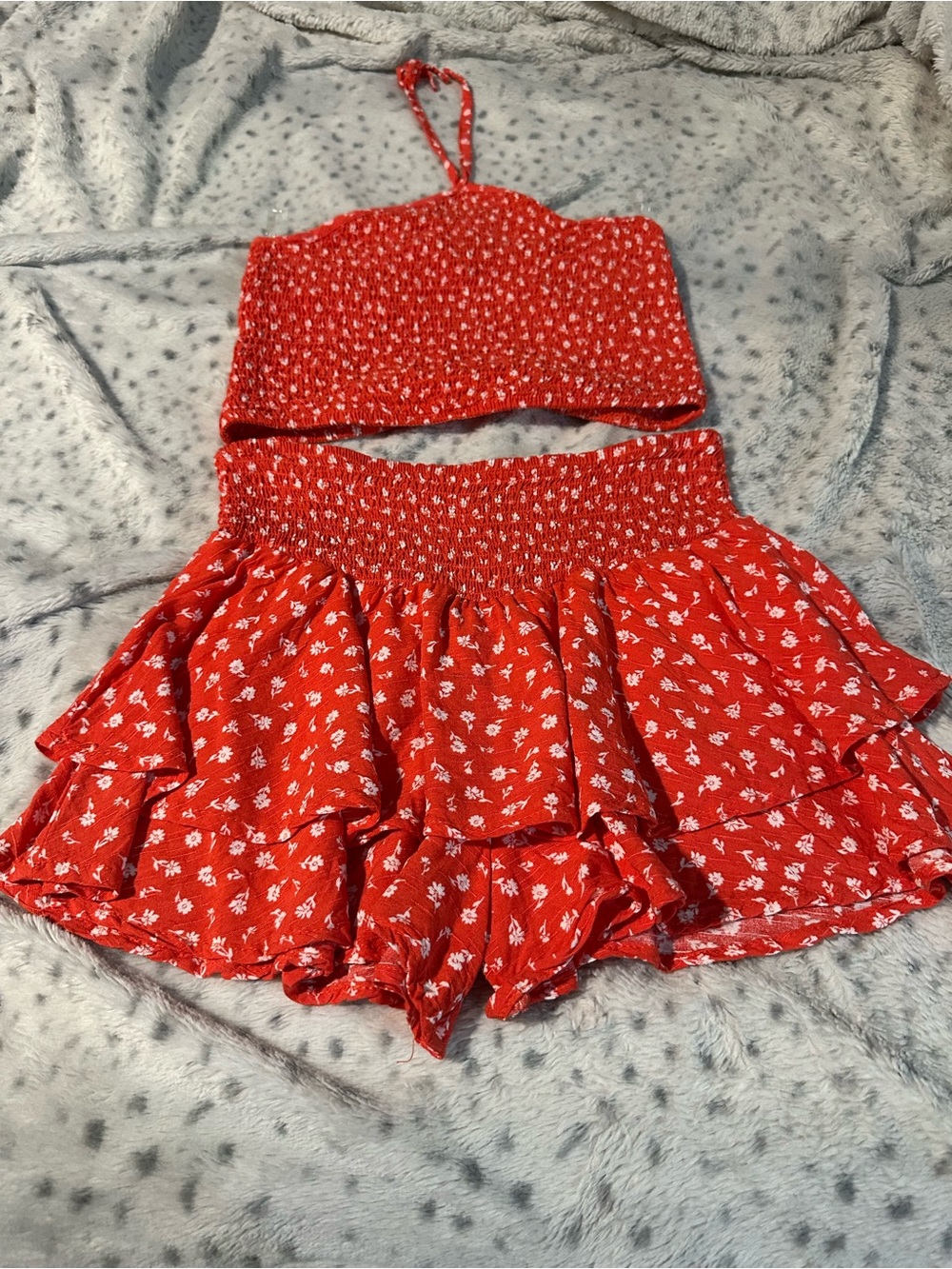 art class Red Floral Smocked Tank and Ruffle Shorts Set